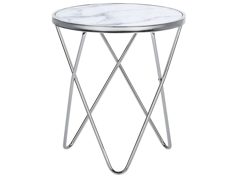 Side Table White Marble Effect Tempered Glass Top Silver Metal ø 50 cm Hairpin Legs Round Shape Beliani