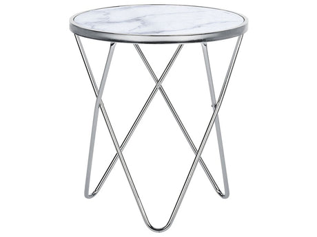 Side Table White Marble Effect Tempered Glass Top Silver Metal ø 50 cm Hairpin Legs Round Shape Beliani