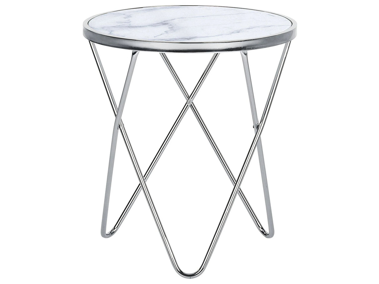 Side Table White Marble Effect Tempered Glass Top Silver Metal  50 cm Hairpin Legs Round Shape Beliani