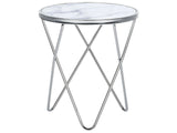 Side Table White Marble Effect Tempered Glass Top Silver Metal  50 cm Hairpin Legs Round Shape Beliani