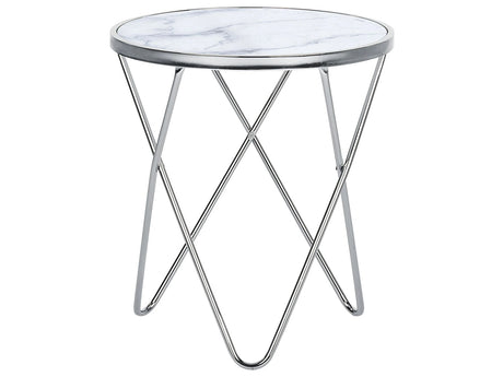 Side Table White Marble Effect Tempered Glass Top Silver Metal  50 cm Hairpin Legs Round Shape Beliani