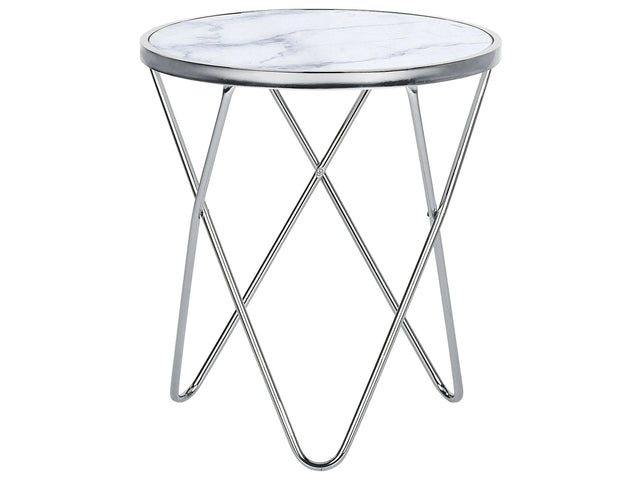 Side Table White Marble Effect Tempered Glass Top Silver Metal  50 cm Hairpin Legs Round Shape Beliani