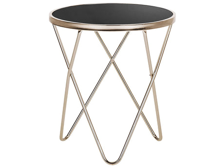 Side Table Black Tempered Glass  50 cm Top Gold Metal Hairpin Legs Round Shape Beliani