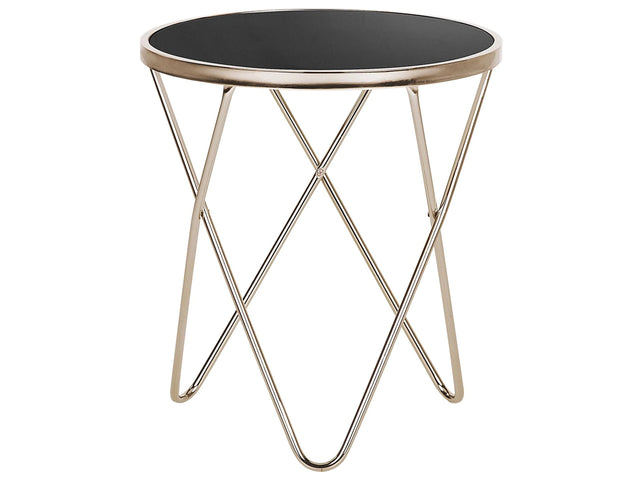 Side Table Black Tempered Glass  50 cm Top Gold Metal Hairpin Legs Round Shape Beliani