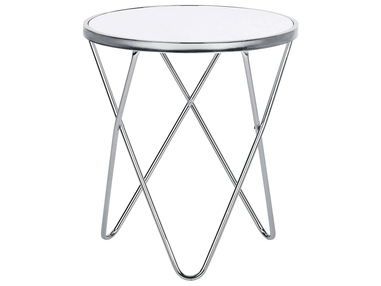 Side Table White Tempered Glass Top Silver Metal  50 cm Hairpin Legs Round Shape Beliani