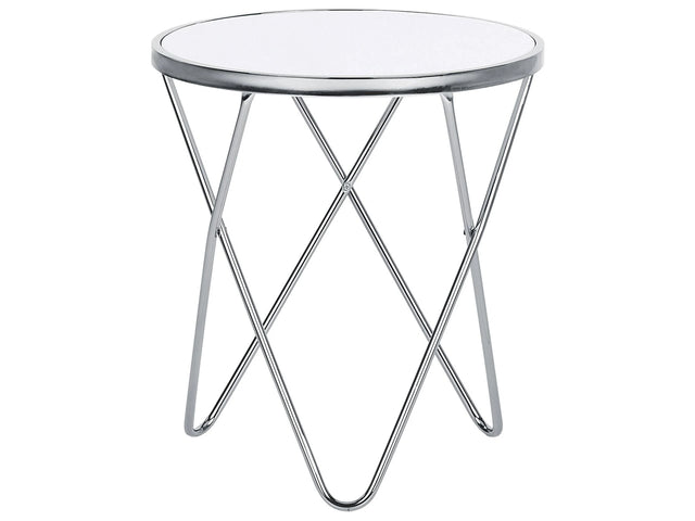 Side Table White Tempered Glass Top Silver Metal  50 cm Hairpin Legs Round Shape Beliani