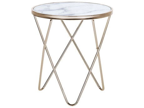 Side Table White Marble Effect Tempered Glass  50 cm Top Gold Metal Hairpin Legs Round Shape Beliani