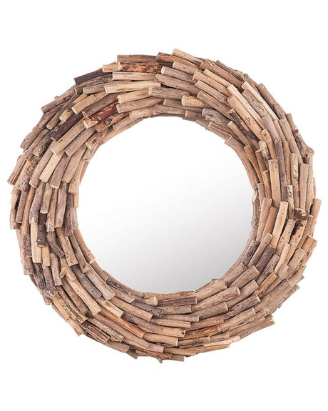 Decorative Wall Mirror Light Wood ø 56 cm Round Frame Rustic Style Beliani