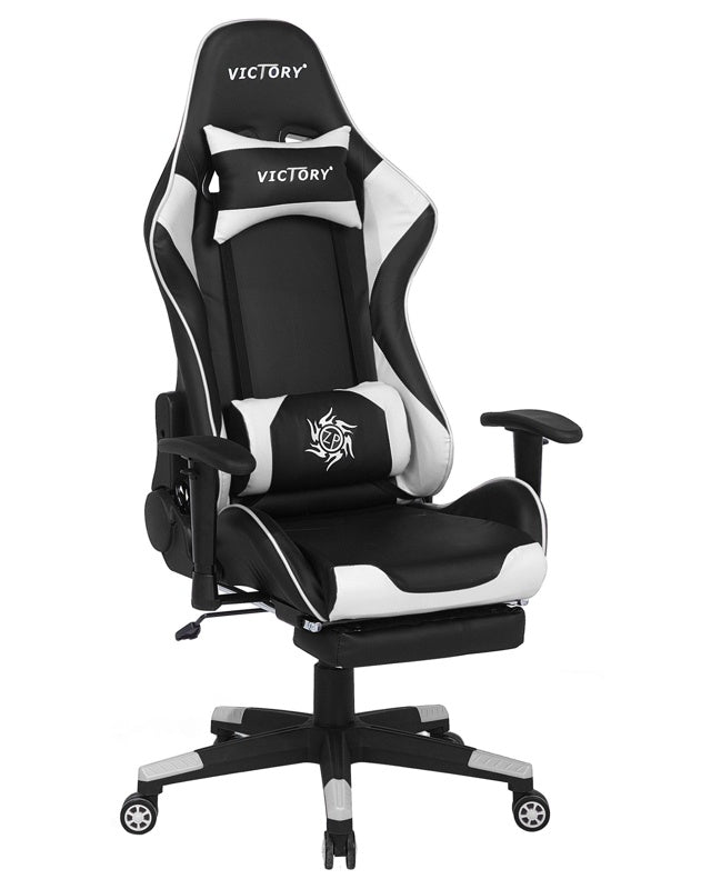 Gaming Chair Black White Faux Leather Swivel Adjustable Armrests and Height Footrest Modern Beliani