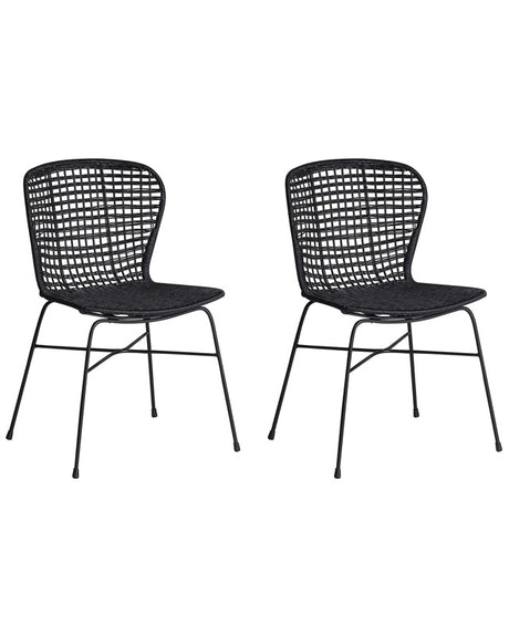 Set of 2 Dining Chairs Black Rattan Wicker Metal Frame Rustic Indoor Boho Design Beliani