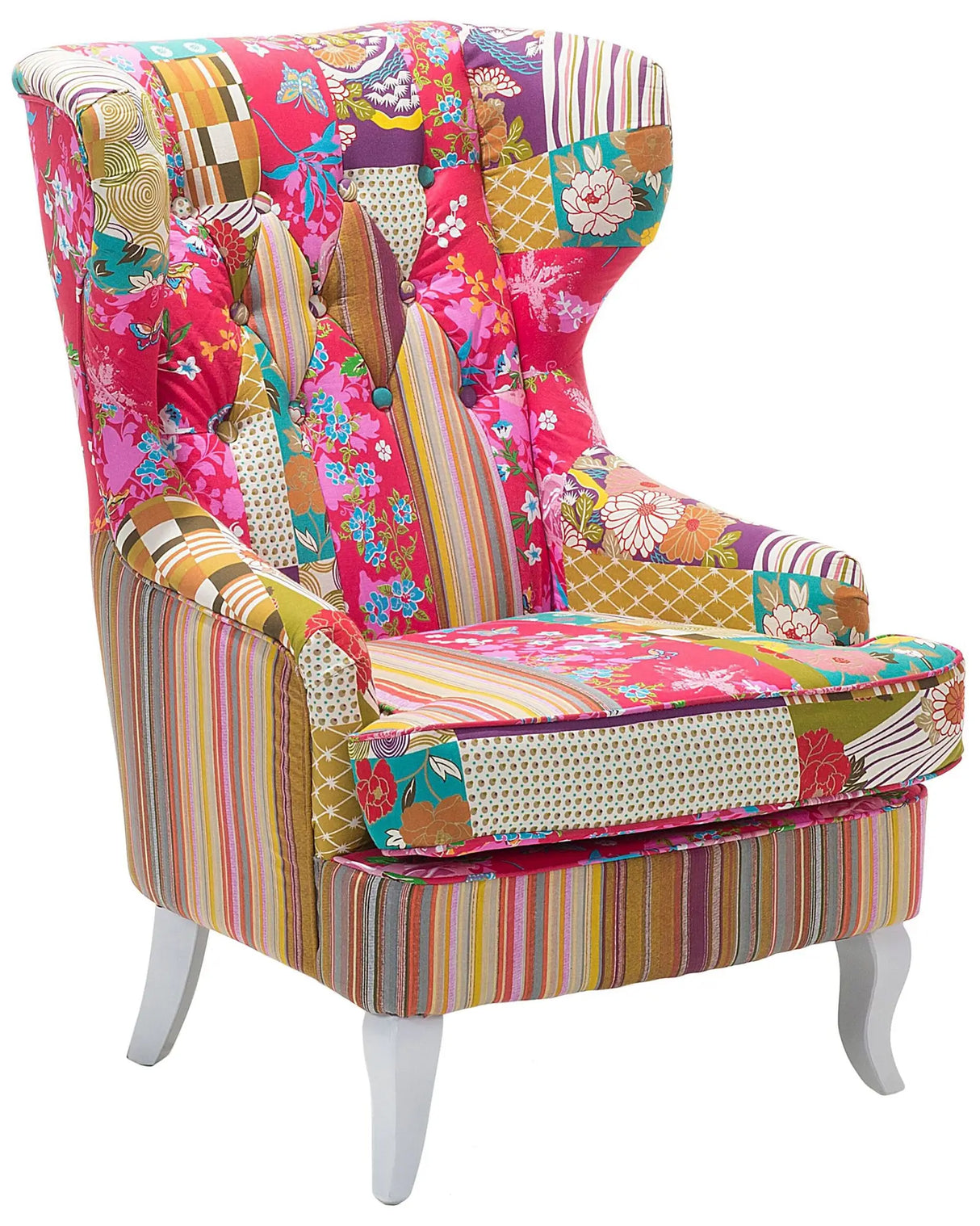 Armchair Multicolour Pink Fabric Patchwork Wingback Chair Button Tufted Wooden Legs Retro Design Beliani
