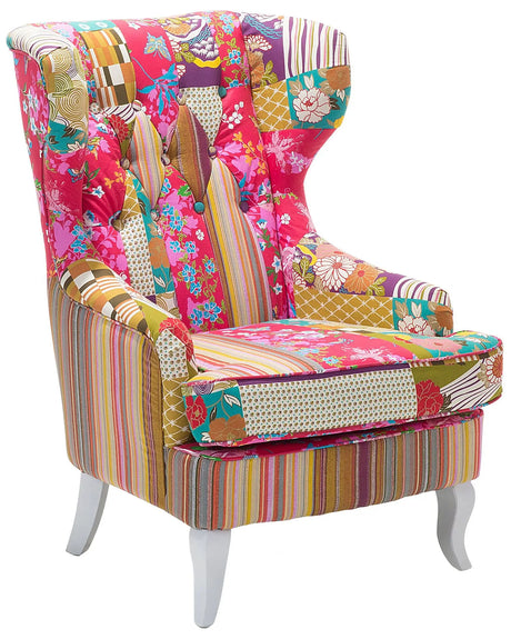 Armchair Multicolour Pink Fabric Patchwork Wingback Chair Button Tufted Wooden Legs Retro Design Beliani