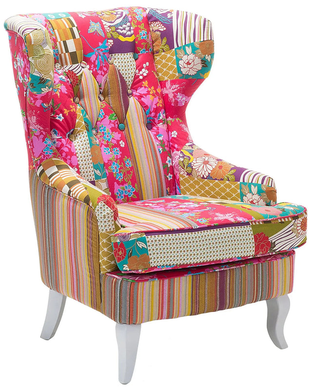 Armchair Multicolour Pink Fabric Patchwork Wingback Chair Button Tufted Wooden Legs Retro Design Beliani