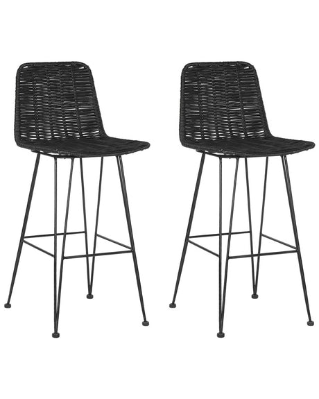 Set of 2 Bar Chairs Black Rattan Wicker Metal Frame Rustic Indoor Boho Design Beliani