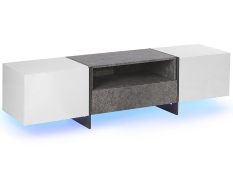 TV Stand Concrete Effect and White Veneered with LED Light Storage Shelf Drawer Cabinets Industrial Beliani