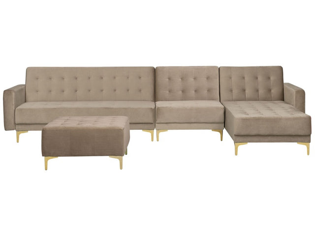 Corner Sofa Bed Beige Velvet Tufted Fabric Modern L-Shaped Modular 5 Seater with Ottoman Left Hand Chaise Longue Beliani