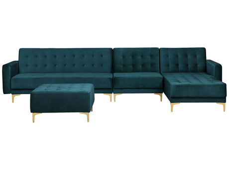 Corner Sofa Bed Teal Velvet Tufted Fabric Modern L-Shaped Modular 5 Seater with Ottoman Left Hand Chaise Longue Beliani