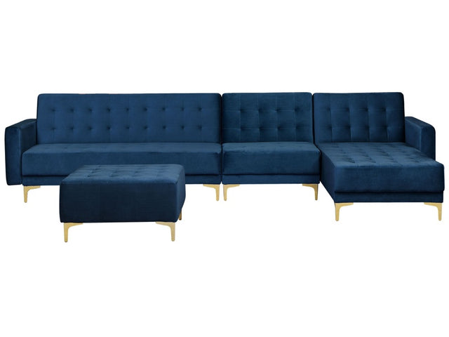 Corner Sofa Bed Navy Blue Velvet Tufted Fabric Modern L-Shaped Modular 5 Seater with Ottoman Left Hand Chaise Longue Beliani