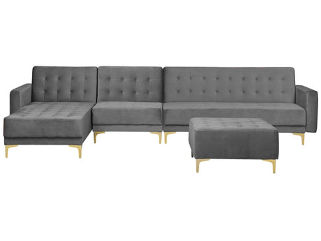 Corner Sofa Bed Grey Velvet Tufted Fabric Modern L-Shaped Modular 5 Seater with Ottoman Right Hand Chaise Longue Beliani