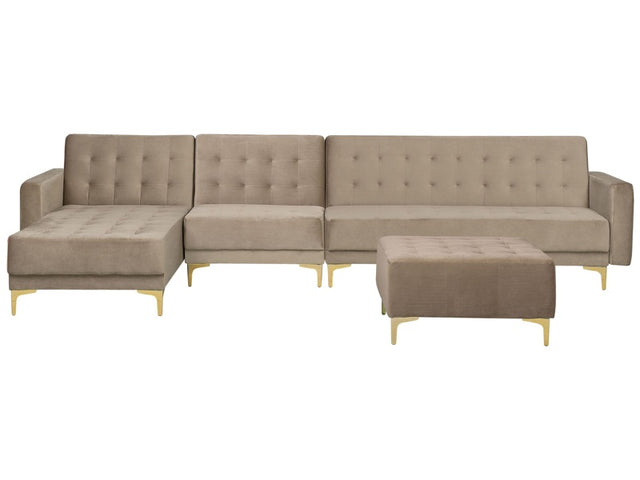 Corner Sofa Bed Beige Velvet Tufted Fabric Modern L-Shaped Modular 5 Seater with Ottoman Right Hand Chaise Longue Beliani