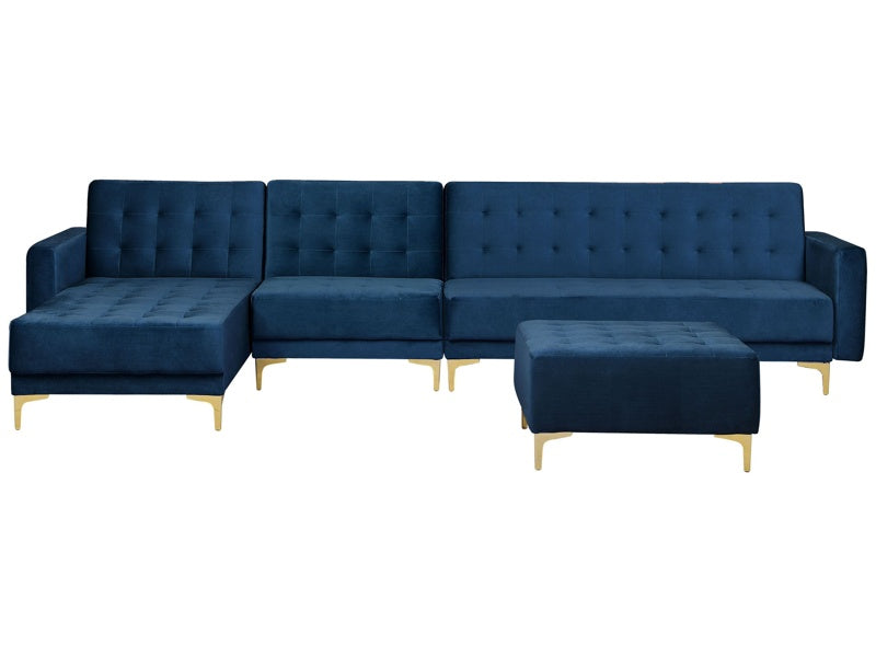 Corner Sofa Bed Navy Blue Velvet Tufted Fabric Modern L-Shaped Modular 5 Seater with Ottoman Right Hand Chaise Longue Beliani