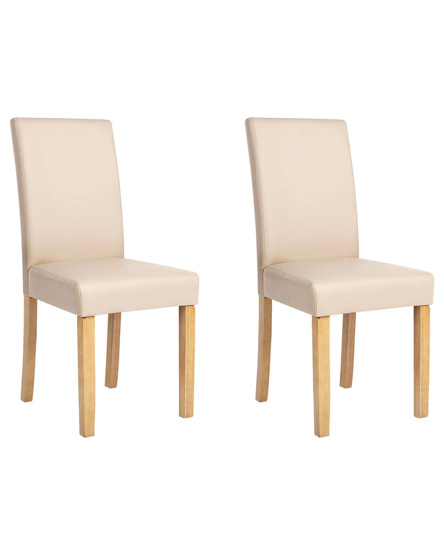 Set of 2 Dining Chairs Beige Faux Leather Wooden Legs Traditional Beliani