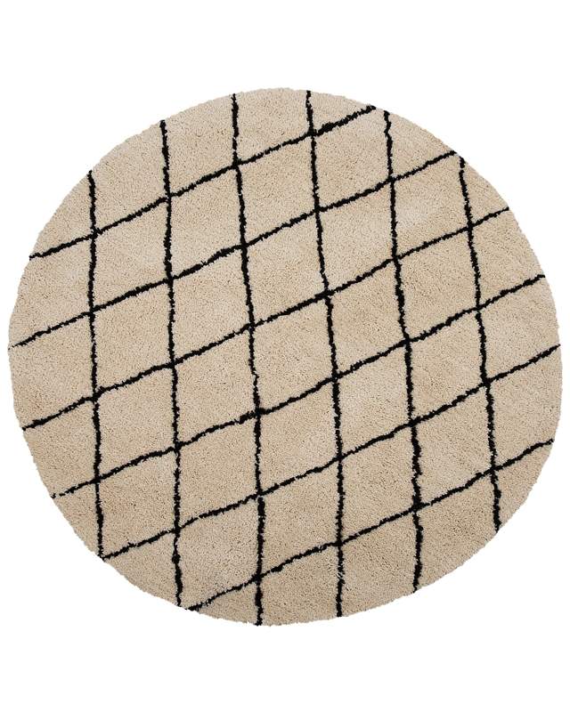 Area Rug Beige With Black Round 140 cm Modern Polyester Geometric Pattern Living Room Bedroom Beliani