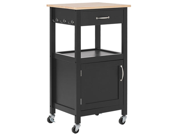 Kitchen Trolley Black and Light Wood Top  60 x 48 x 91 cm Cabinet Towel Rack 1Cutlery Drawer Casters Beliani