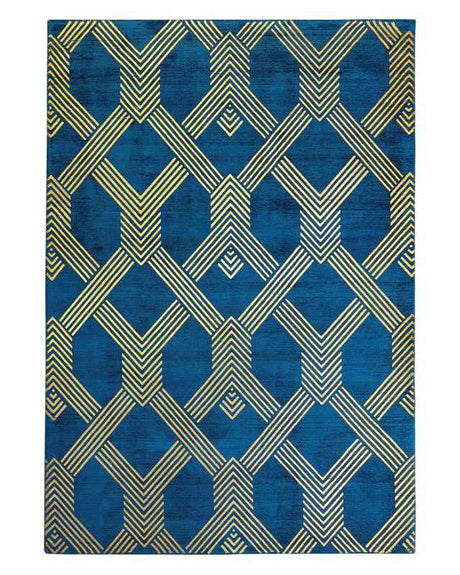 Rug Blue with Gold Geometric Pattern Viscose with Cotton 140 x 200 cm Style Modern Glam Beliani