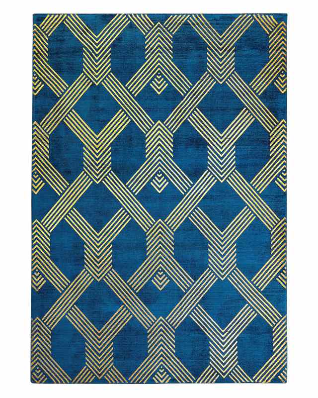 Rug Blue with Gold Geometric Pattern Viscose with Cotton 140 x 200 cm Style Modern Glam Beliani