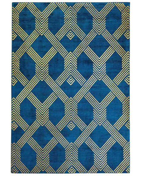 Rug Blue with Gold Geometric Pattern Viscose with Cotton 160 x 230 cm Style Modern Glam Beliani