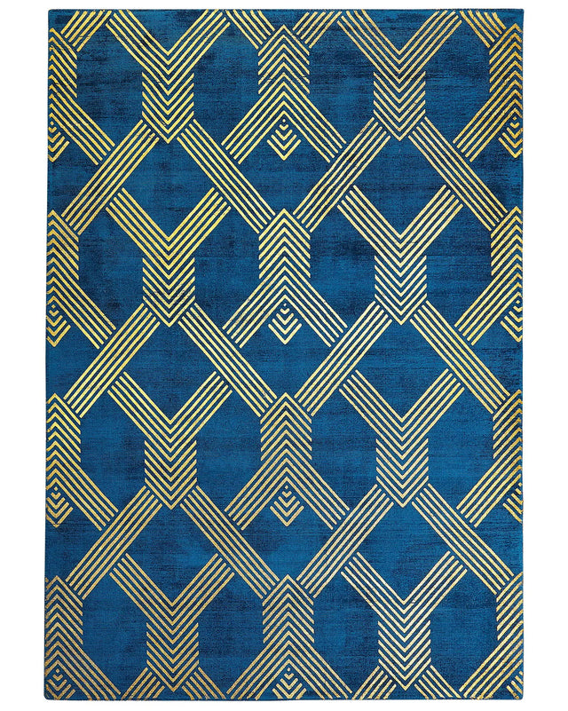 Rug Blue with Gold Geometric Pattern Viscose with Cotton 160 x 230 cm Style Modern Glam Beliani