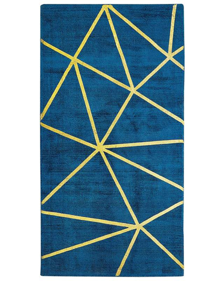 Area Rug Blue with Gold Geometric Pattern Viscose with Cotton 80 x 150 cm Handloomed Modern Glam Style Beliani