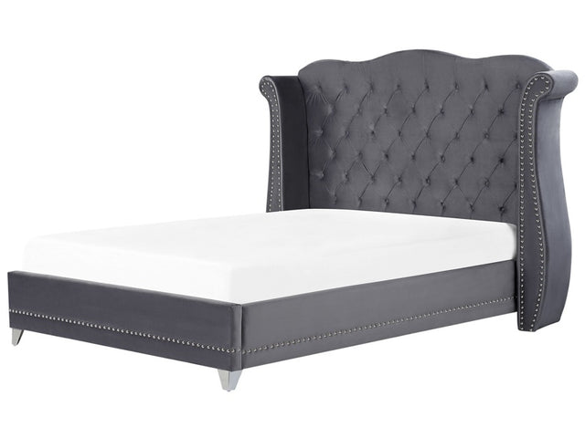 EU Super King Size Bed Grey Velvet 6ft Slatted Base Button Tufted Headboard Nailhead Trim Beliani