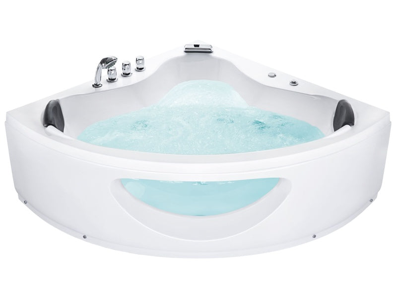 Corner Whirlpool Bath White Sanitary Acrylic with LED Lights 10 Massage Jets 205 x 146 cm Modern Style Beliani