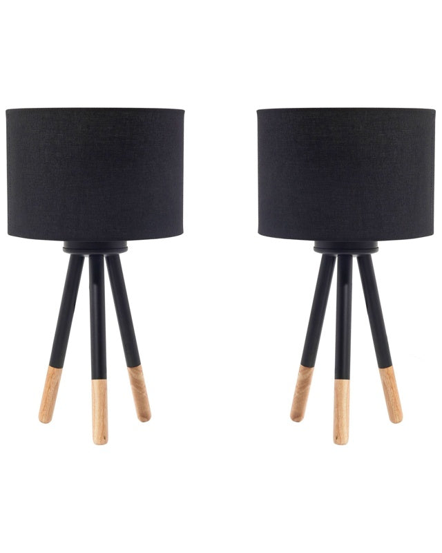 Set of 2 Table Lamps Black Metal 40H cm Wooden Tripod Base Black Fabric Shade Modern Beliani