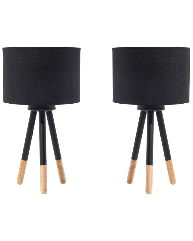 Set of 2 Table Lamps Black Metal 40H cm Wooden Tripod Base Black Fabric Shade Modern Beliani