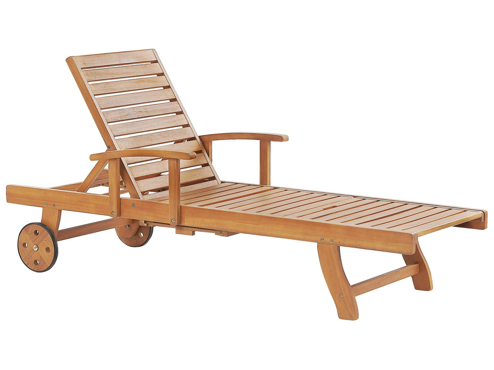 Garden Sun Lounger Light Acacia Wood Outdoor Weather Resistant Reclining with Wheels Beliani
