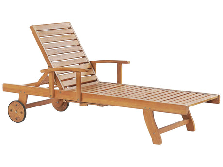Garden Sun Lounger Light Acacia Wood Outdoor Weather Resistant Reclining with Wheels Beliani