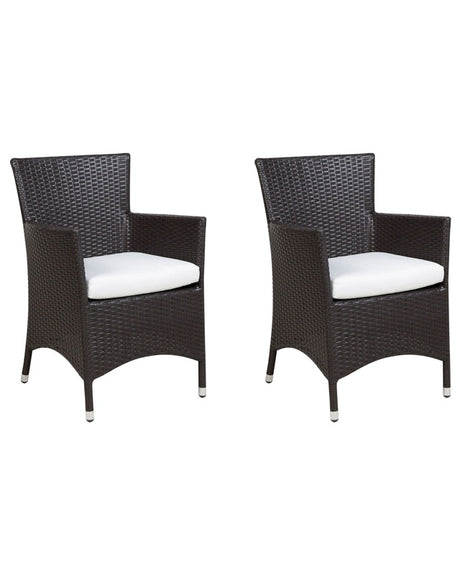 Set of 2 Garden Dining Chairs Brown Faux Rattan White Cushions Beliani