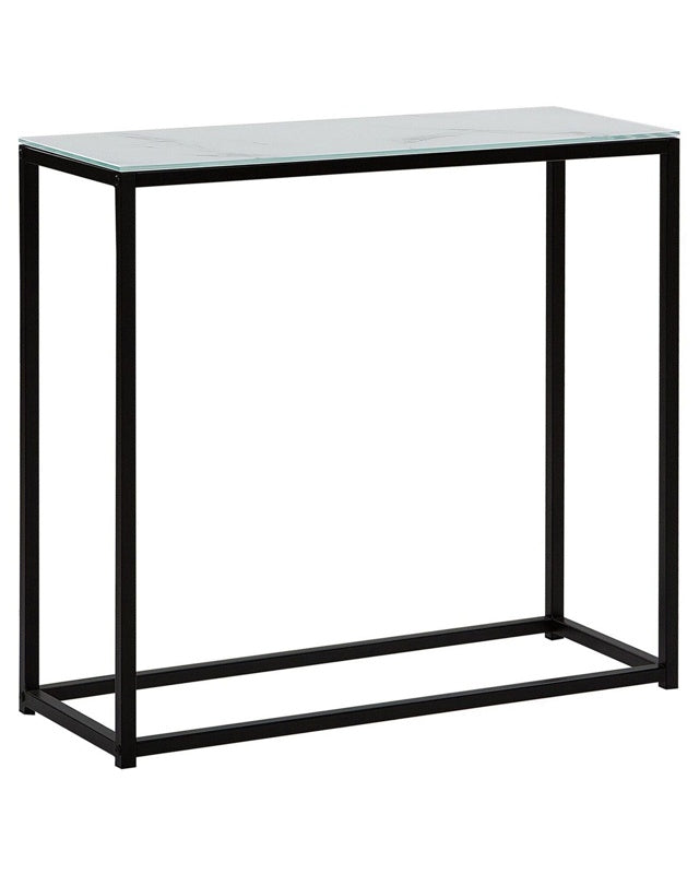 Console Table White Marble Effect Tempered Glass Top Black Metal Base 80 x 30 cm Glam Modern Living Room Bedroom  Hallway Beliani