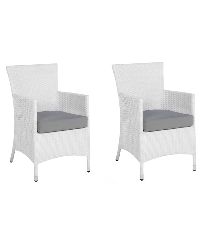 Garden Dining Chair Set of 2 White Faux Rattan Grey Cushion Seat Outdoor Resistances Beliani