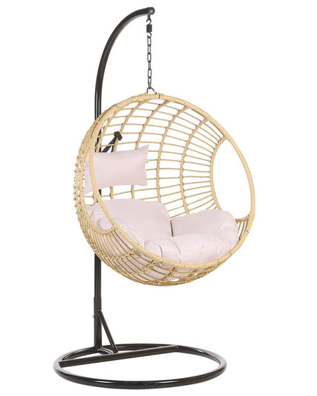 Hanging Chair Beige Rattan Round Wicker Basket with Cushions Metal Frame Boho Beliani