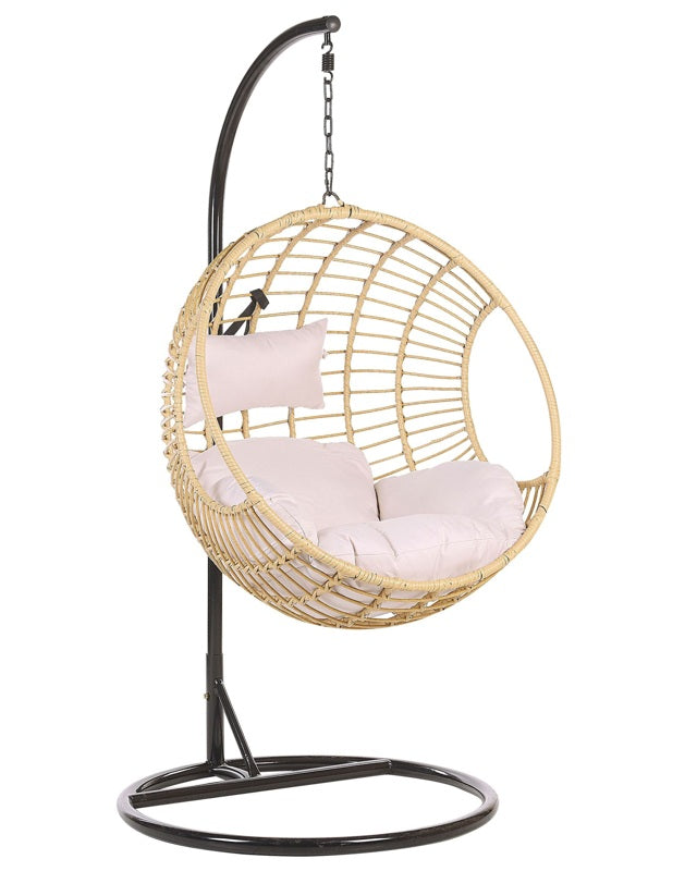 Hanging Chair Beige Rattan Round Wicker Basket with Cushions Metal Frame Boho Beliani