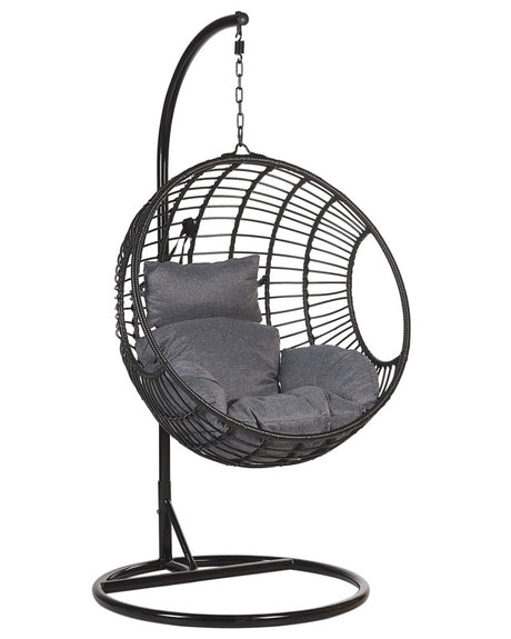 Hanging Chair Black Rattan Round Wicker Basket with Cushions Metal Frame Boho Beliani