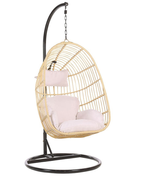 Hanging Chair Beige Rattan Metal Frame Indoor-Outdoor Egg Shape Boho Beliani