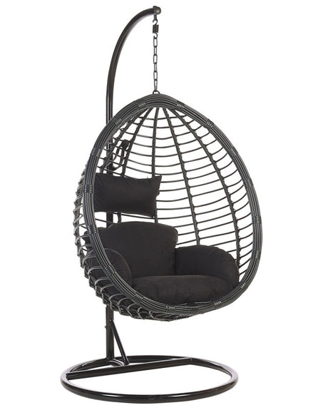 Hanging Chair Black Rattan Metal Frame Indoor-Outdoor Egg Shape Modern Boho Beliani