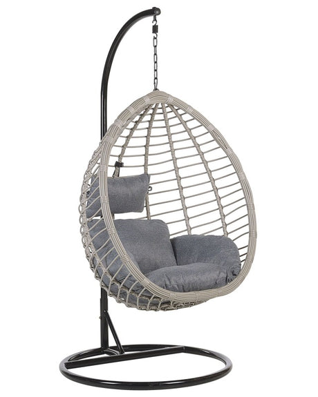 Hanging Chair Black Rattan Metal Frame Indoor-Outdoor Egg Shape Modern Boho Beliani