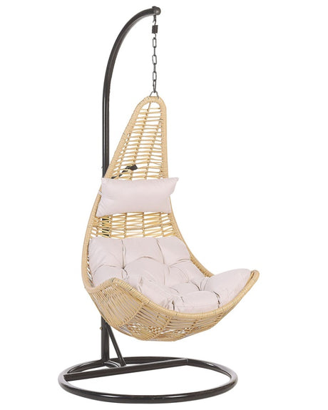 Hanging Chair Beige PE Rattan Swing Egg Shape Wicker Rustic Boho Beliani