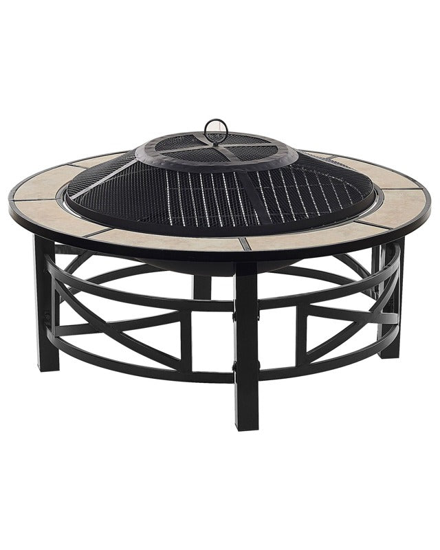 Outdoor Fire Pit Black with Beige Still Ceramic Round Base Accessories Garden BBQ Beliani